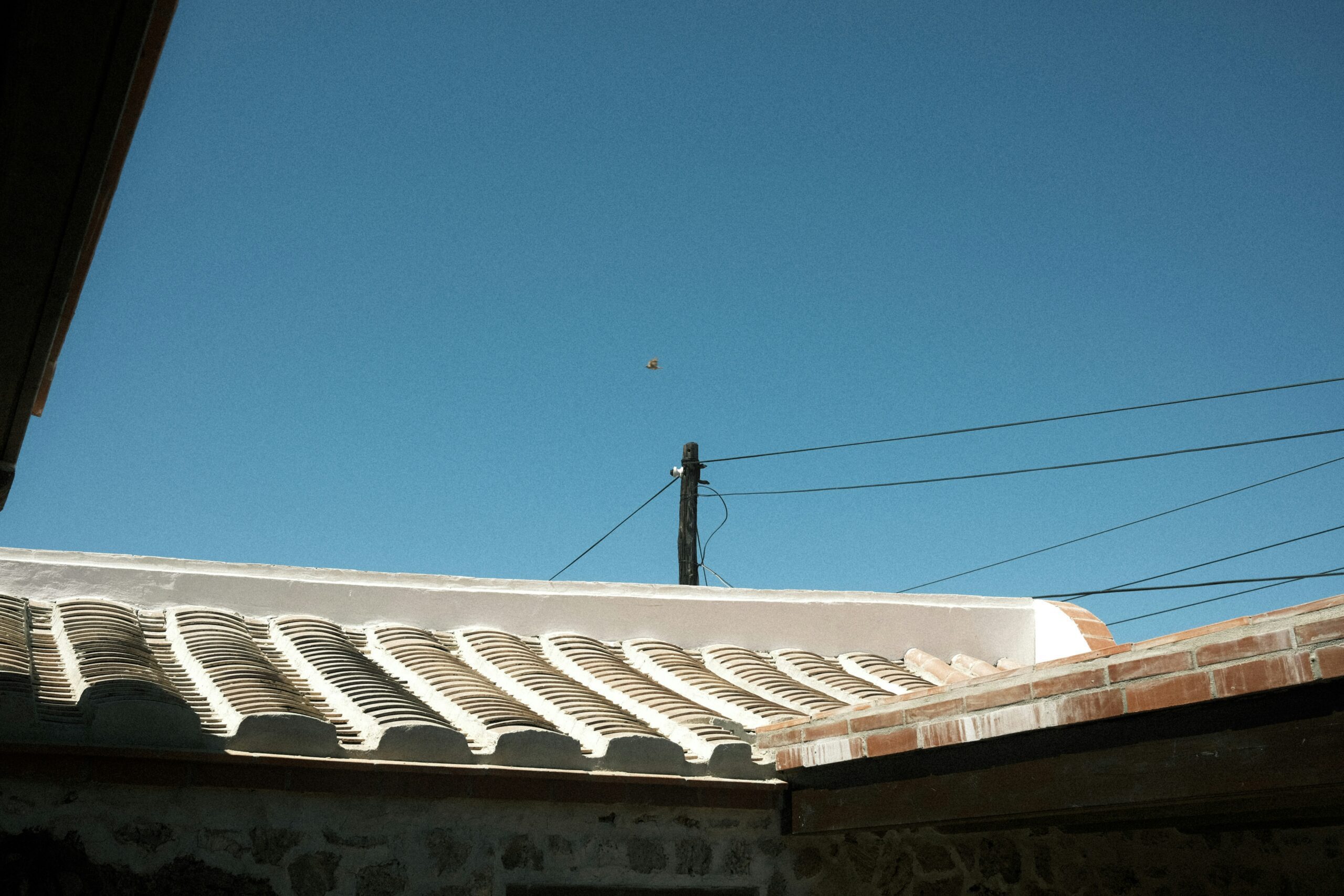 TPO Clay-tiled roof of a stone building under a clear blue sky with power lines and a small bird flying above.